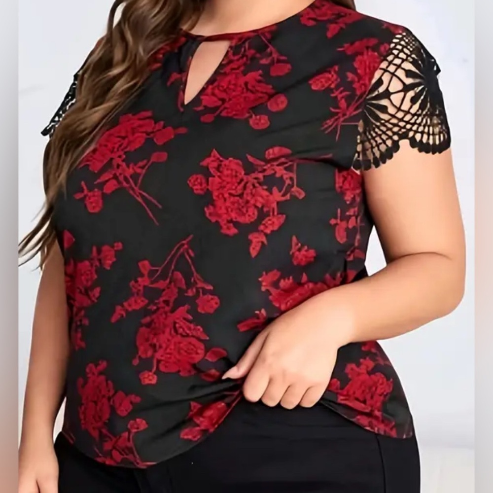 SHEIN Curve size 3XL BLACK with RED Floral & Lace Sleeve Blouse